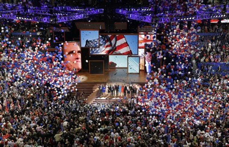 Republican presidential nominee Mitt Romney and vice presidential nominee Rep. Paul Ryan are join on the stage by their families at the end of the Republican National Convention in Tampa, Fla., on Thursday, Aug. 30, 2012.